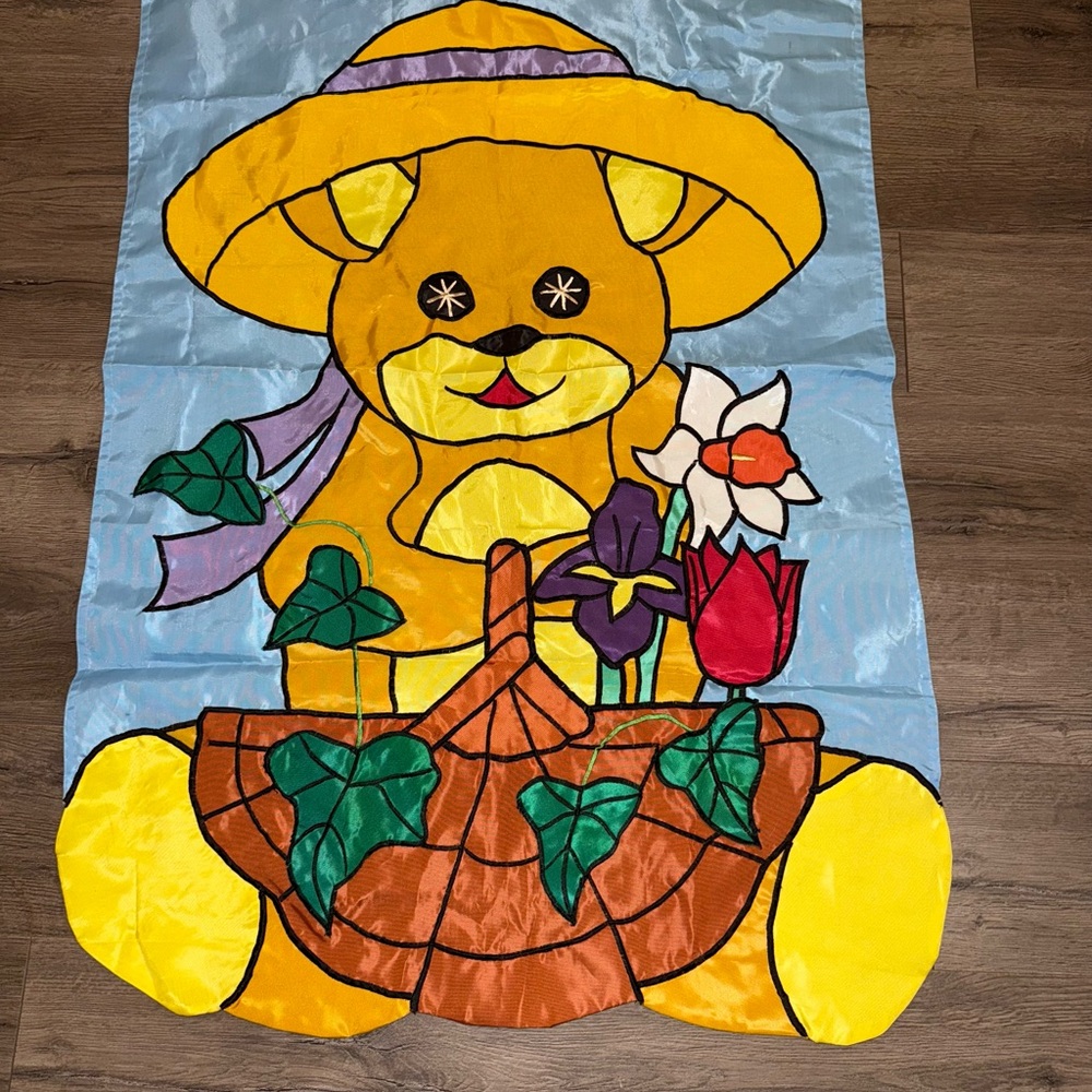 VTG Large Garden Flag Teddy Bear Spring Summer Appliquéd 28 X 44" 2-Sided